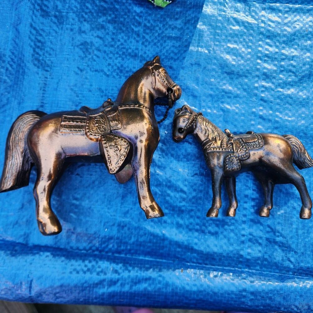 Set 2 VTG Metal Bronze Horse Stallion Pony W/ Saddle Figurines